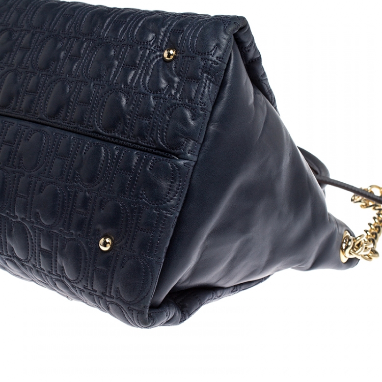 Pre Owned Carolina Herrera Navy Blue Monogram Leather Tote