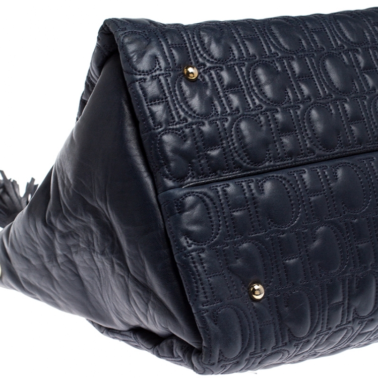 Pre Owned Carolina Herrera Navy Blue Monogram Leather Tote