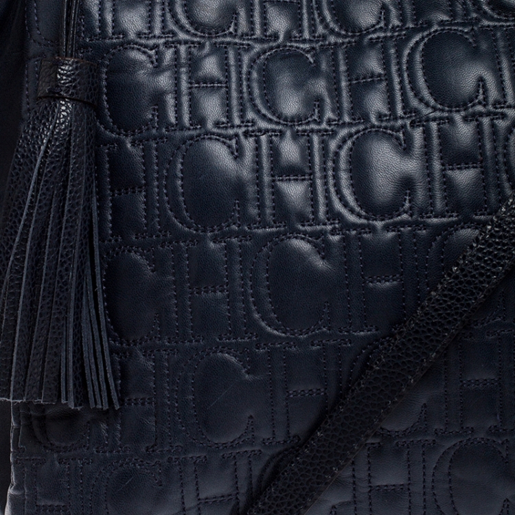 Pre Owned Carolina Herrera Navy Blue Monogram Leather Tote