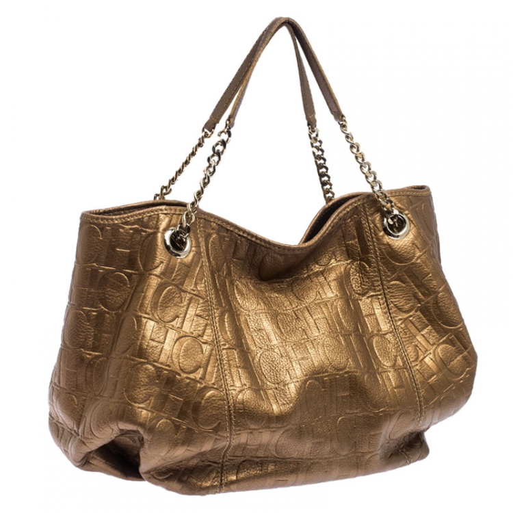 Pre Owned Carolina Herrera Metallic Gold Monogram Leather Poppy Hobo