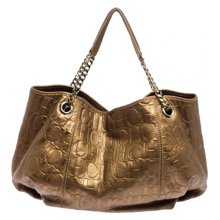 Pre Owned Carolina Herrera Metallic Gold Monogram Leather Poppy Hobo