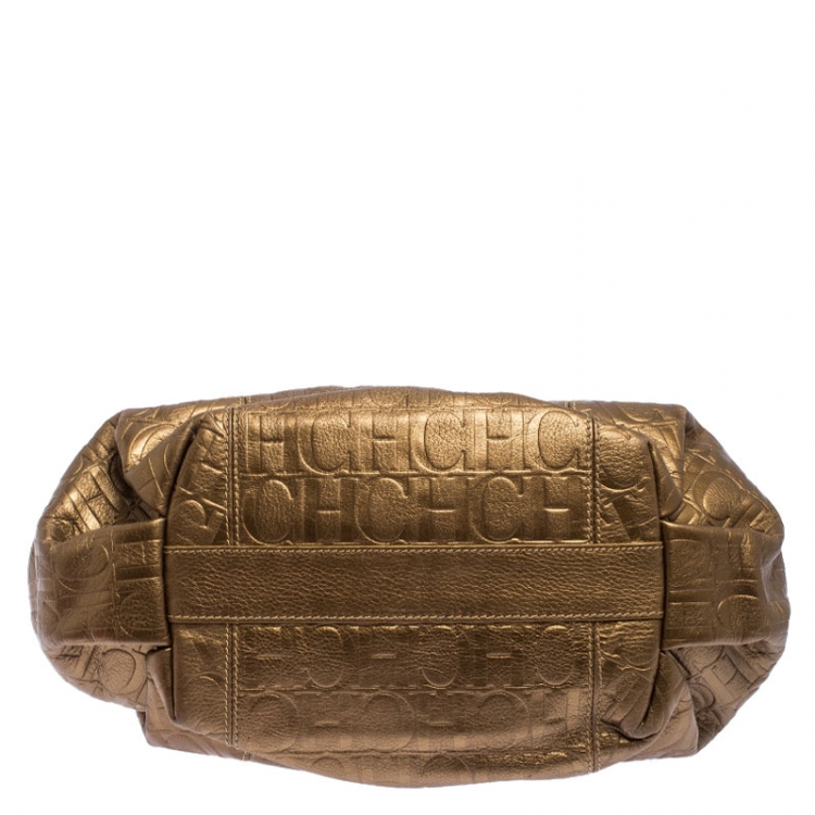 Pre Owned Carolina Herrera Metallic Gold Monogram Leather Poppy Hobo