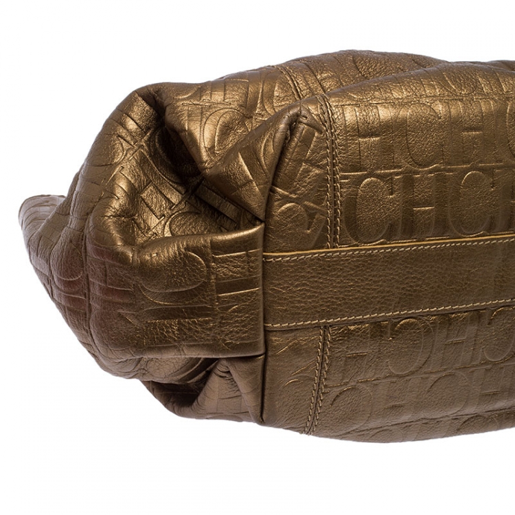 Pre Owned Carolina Herrera Metallic Gold Monogram Leather Poppy Hobo