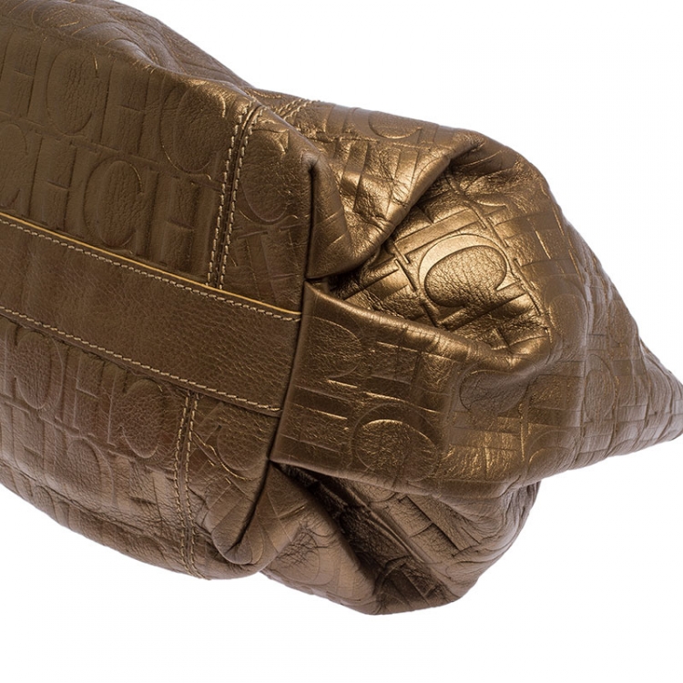 Pre Owned Carolina Herrera Metallic Gold Monogram Leather Poppy Hobo