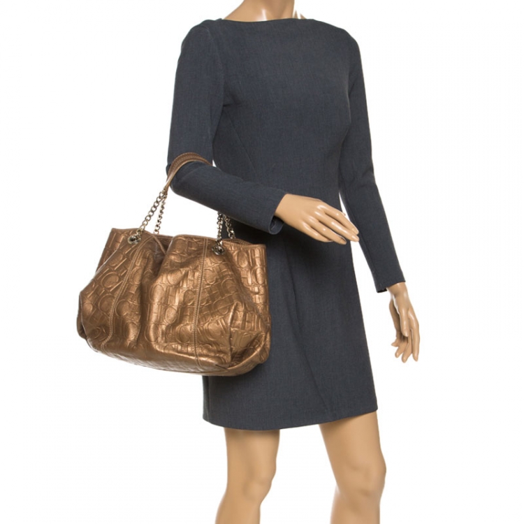 Pre Owned Carolina Herrera Metallic Gold Monogram Leather Poppy Hobo