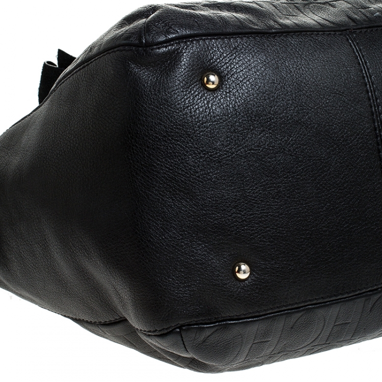 Pre Owned Carolina Herrera Black Embossed Leather Bow Bucket Shoulder Bag