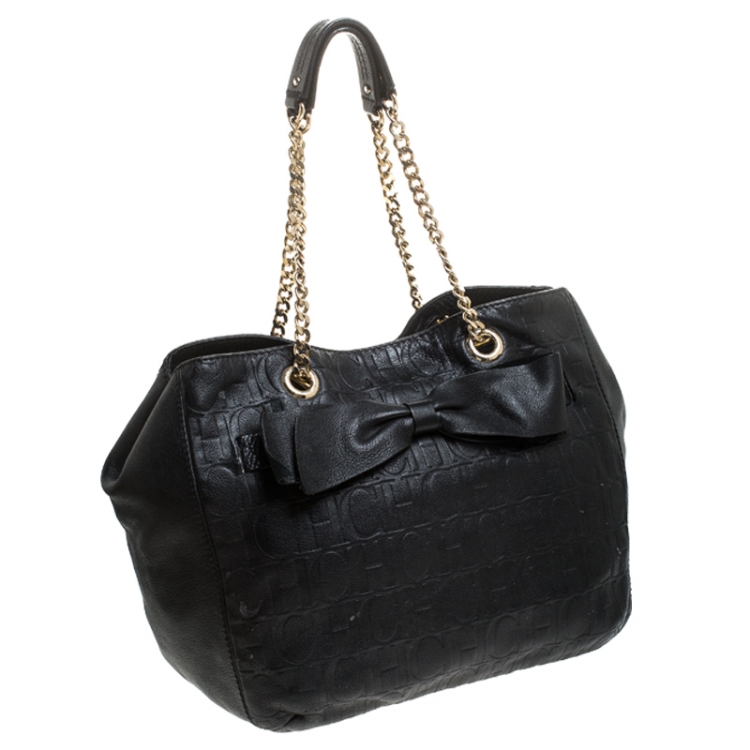 Pre Owned Carolina Herrera Black Embossed Leather Bow Bucket Shoulder Bag