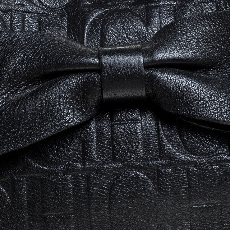 Pre Owned Carolina Herrera Black Embossed Leather Bow Bucket Shoulder Bag