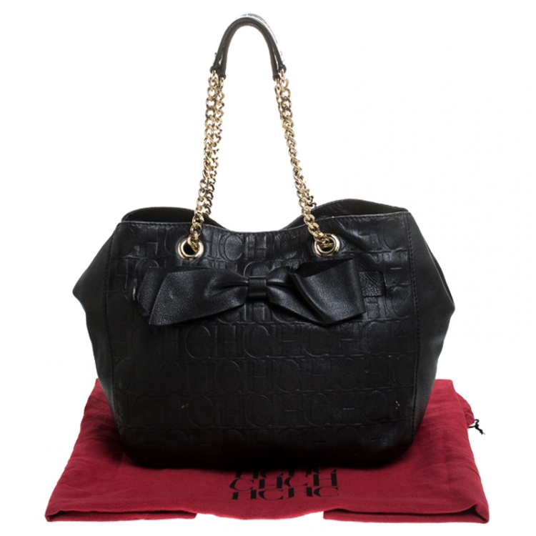 Pre Owned Carolina Herrera Black Embossed Leather Bow Bucket Shoulder Bag