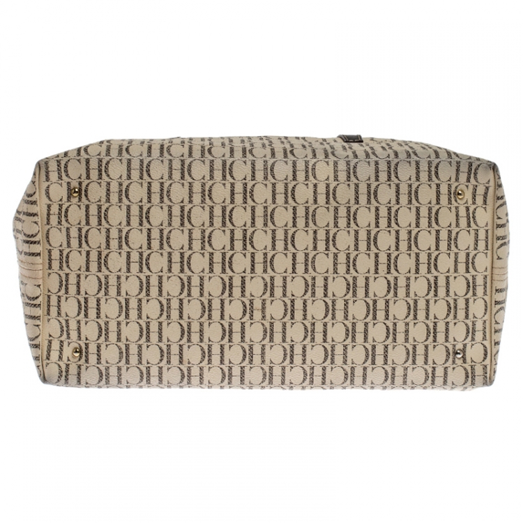 Pre Owned Carolina Herrera White/Brown Monogram PVC and Leather Shopper Tote