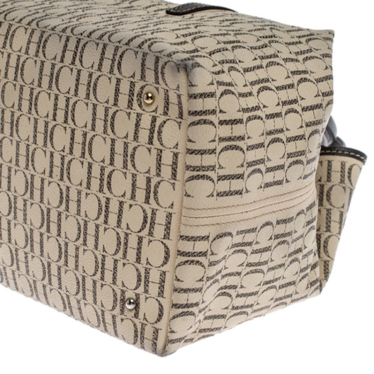 Pre Owned Carolina Herrera White/Brown Monogram PVC and Leather Shopper Tote