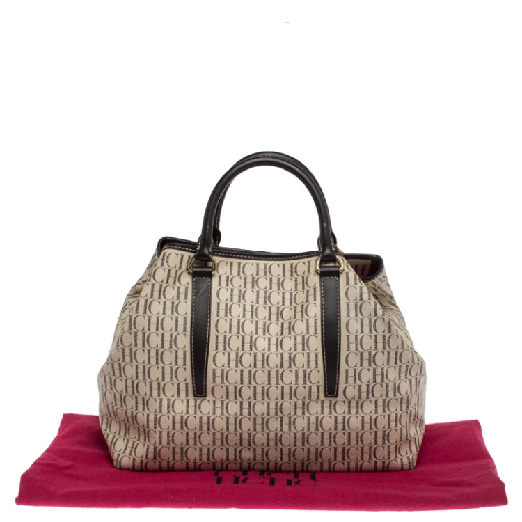 Pre Owned Carolina Herrera White/Brown Monogram PVC and Leather Shopper Tote