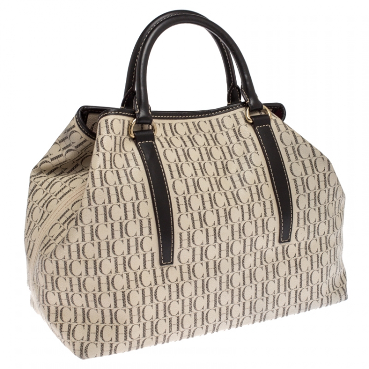 Pre Owned Carolina Herrera White/Brown Monogram PVC and Leather Shopper Tote