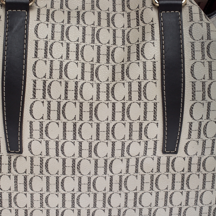 Pre Owned Carolina Herrera White/Brown Monogram PVC and Leather Shopper Tote