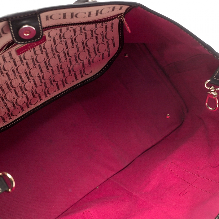 Pre Owned Carolina Herrera White/Brown Monogram PVC and Leather Shopper Tote