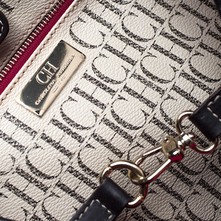 Pre Owned Carolina Herrera White/Brown Monogram PVC and Leather Shopper Tote