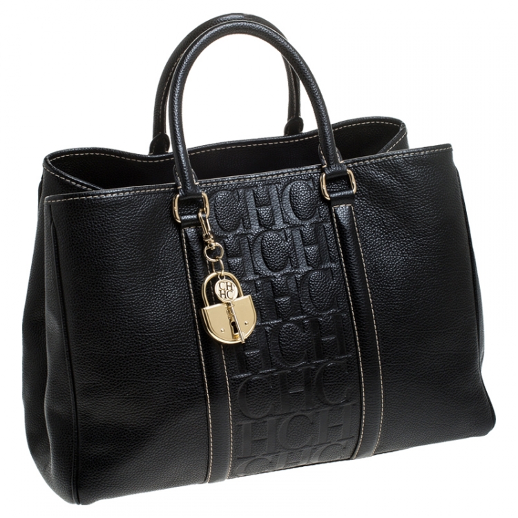 Pre Owned Carolina Herrera Black Monogram Leather Matteo Tote
