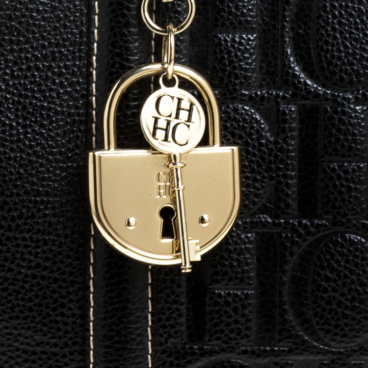 Pre Owned Carolina Herrera Black Monogram Leather Matteo Tote