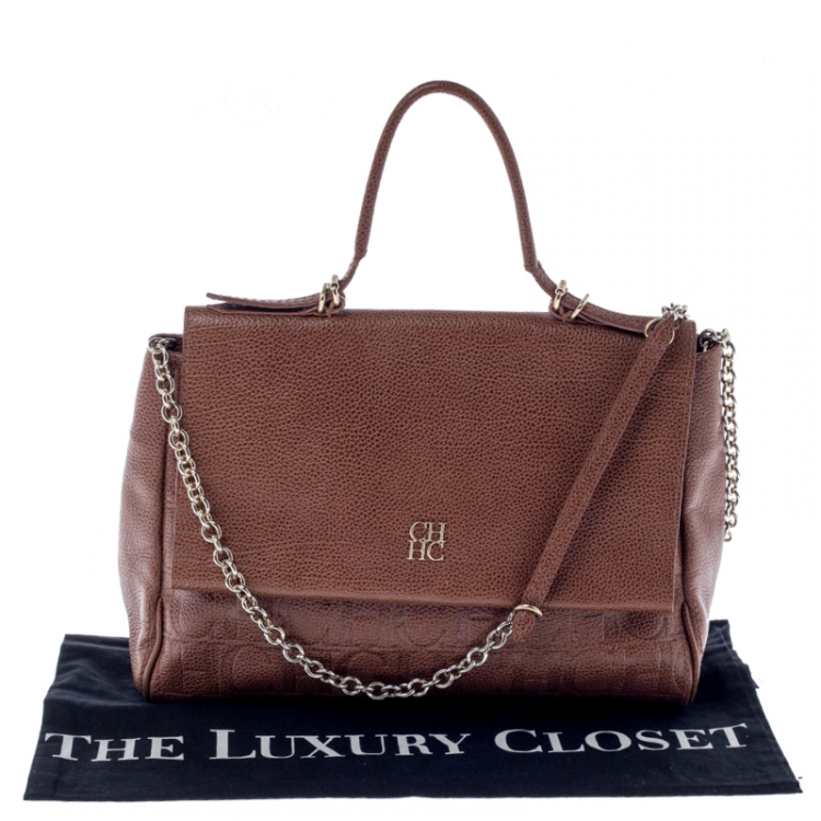 Pre Owned Carolina Herrera Brown Leather Minuetto Flap Top Handle Bag