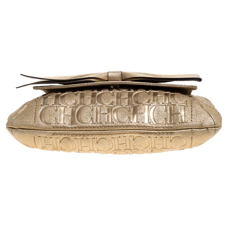 Pre Owned Carolina Herrera Metallic Gold Monogram Leather Audrey Shoulder Bag