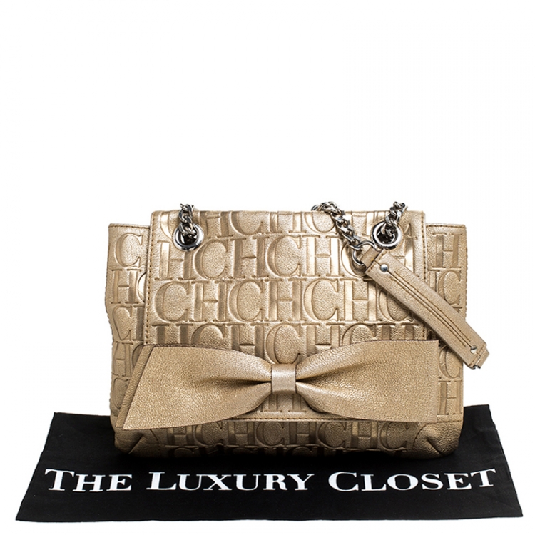 Pre Owned Carolina Herrera Metallic Gold Monogram Leather Audrey Shoulder Bag