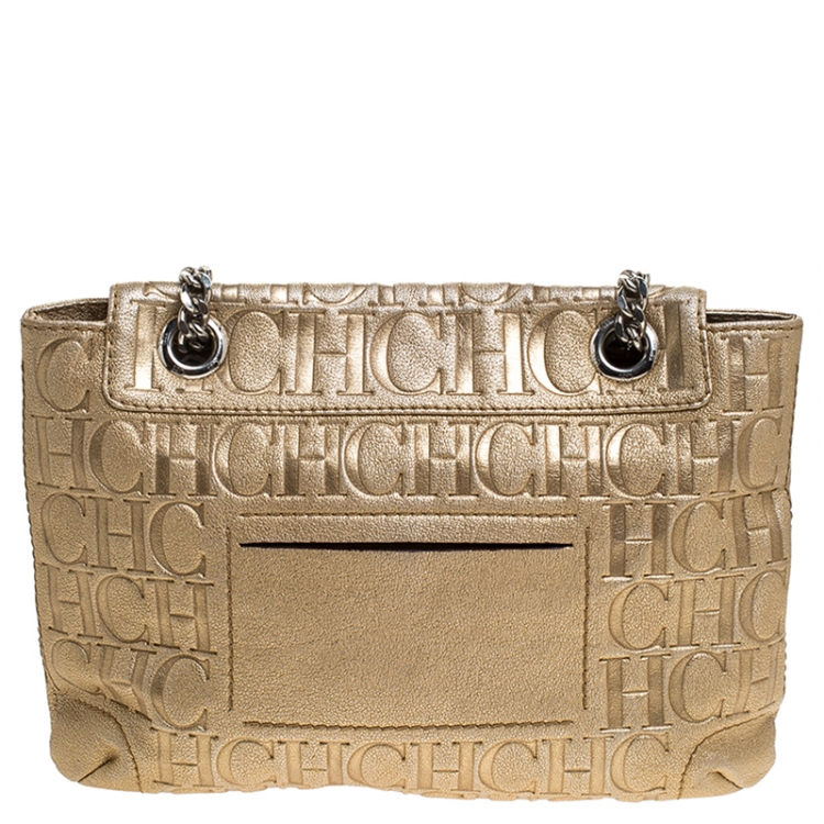 Pre Owned Carolina Herrera Metallic Gold Monogram Leather Audrey Shoulder Bag