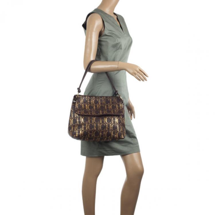 Pre Owned Carolina Herrera Metallic Monogram CH Leather Satchel