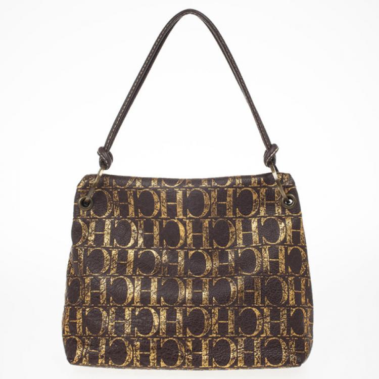 Pre Owned Carolina Herrera Metallic Monogram CH Leather Satchel