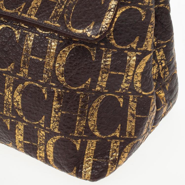 Pre Owned Carolina Herrera Metallic Monogram CH Leather Satchel
