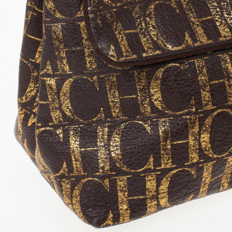 Pre Owned Carolina Herrera Metallic Monogram CH Leather Satchel