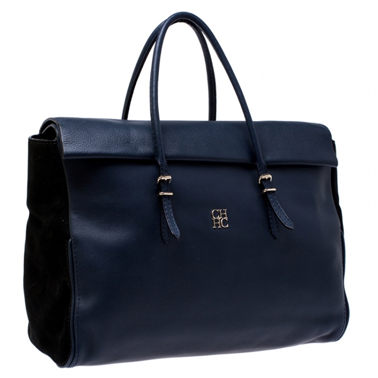 Pre Owned Carolina Herrera Navy Blue/Black Leather Flap Satchel  