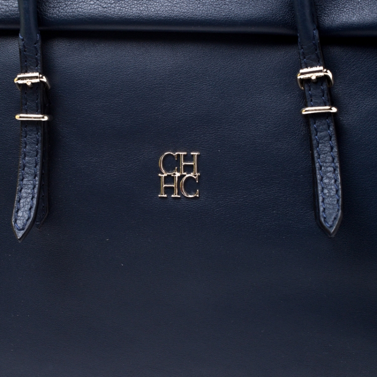 Pre Owned Carolina Herrera Navy Blue/Black Leather Flap Satchel  