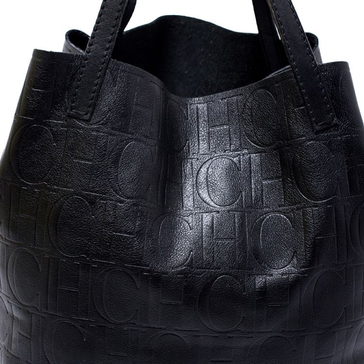 Pre Owned Carolina Herrera Black Monogram Leather Matryoshka Tote