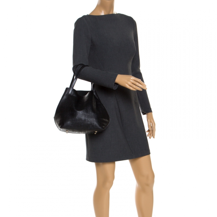 Pre Owned Carolina Herrera Black Monogram Leather Matryoshka Tote