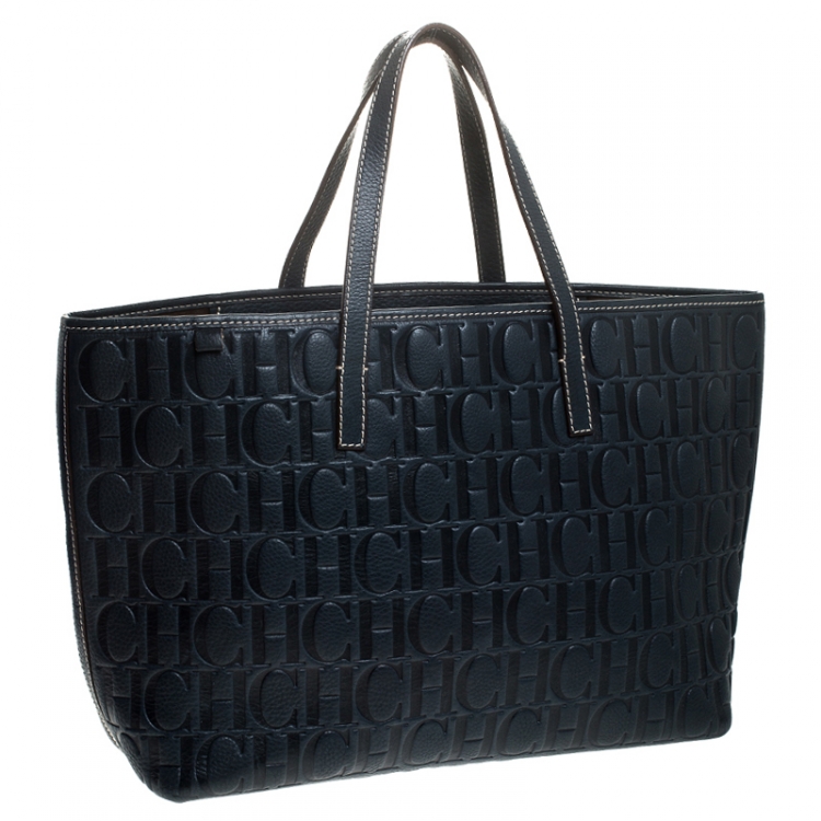 Pre Owned Carolina Herrera Navy Blue Monogram Leather Shopper Tote