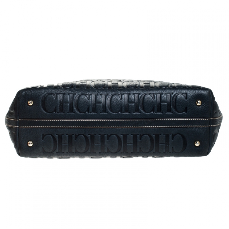 Pre Owned Carolina Herrera Navy Blue Monogram Leather Shopper Tote