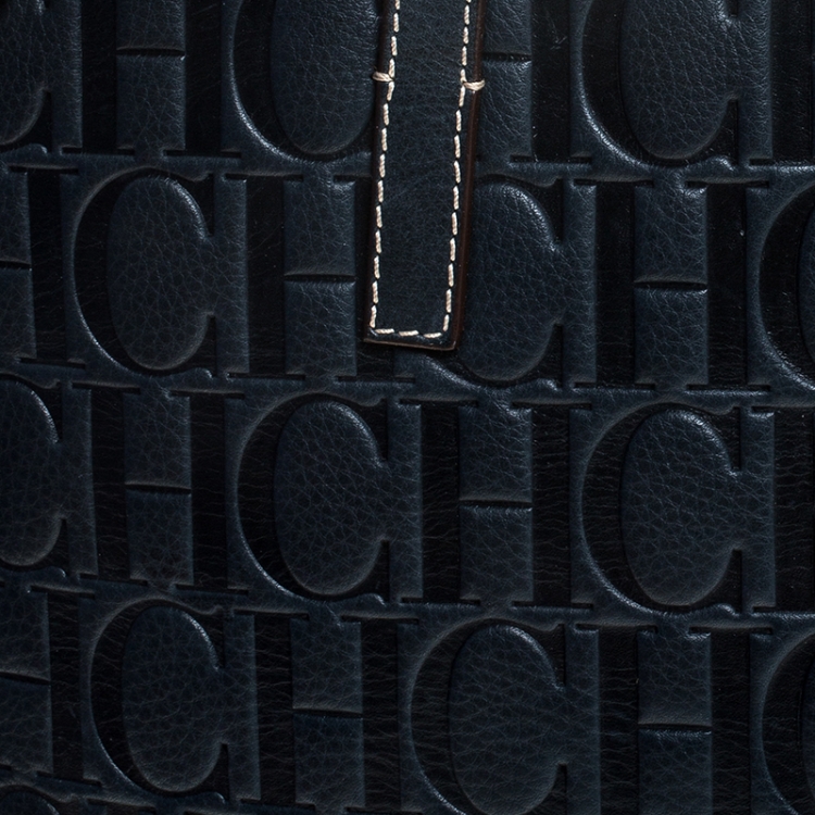 Pre Owned Carolina Herrera Navy Blue Monogram Leather Shopper Tote