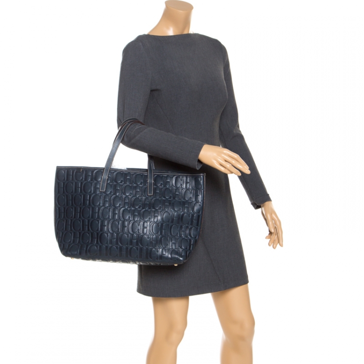 Pre Owned Carolina Herrera Navy Blue Monogram Leather Shopper Tote