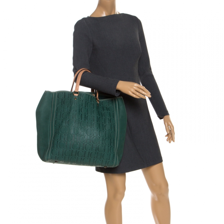 Pre Owned  Carolina Herrera Green Monogram Leather Shopper Tote