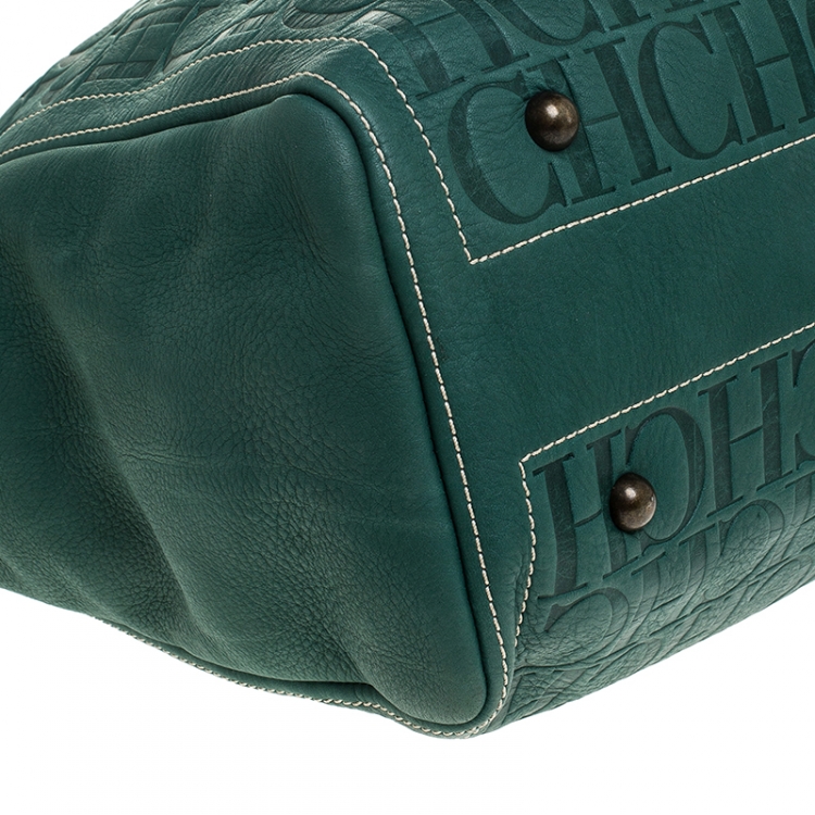 Pre Owned  Carolina Herrera Green Monogram Leather Shopper Tote