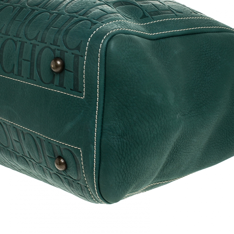 Pre Owned  Carolina Herrera Green Monogram Leather Shopper Tote