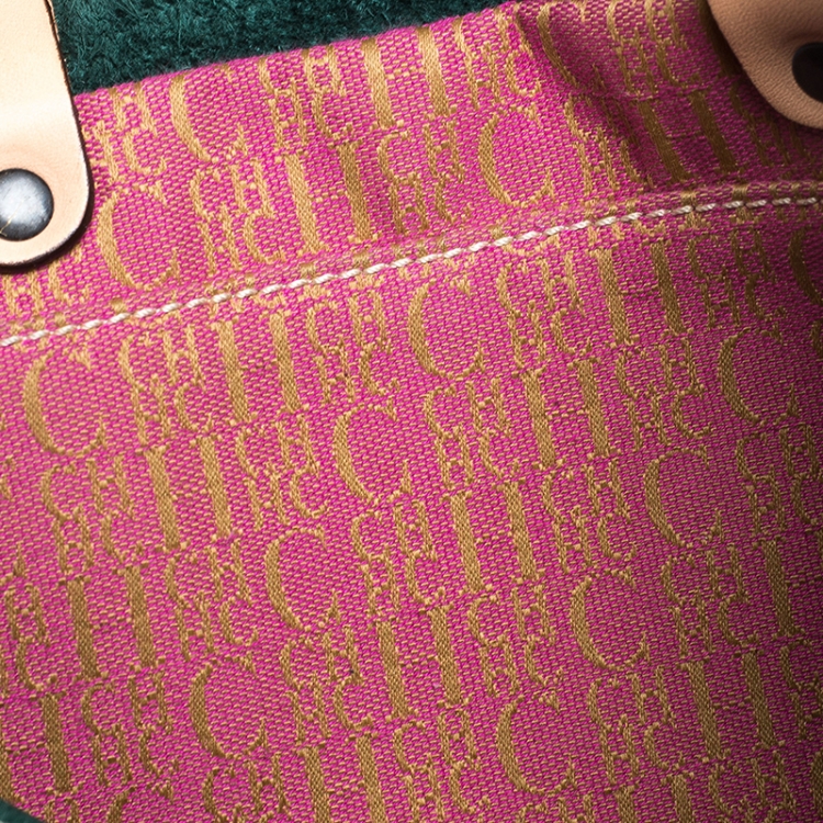 Pre Owned  Carolina Herrera Green Monogram Leather Shopper Tote