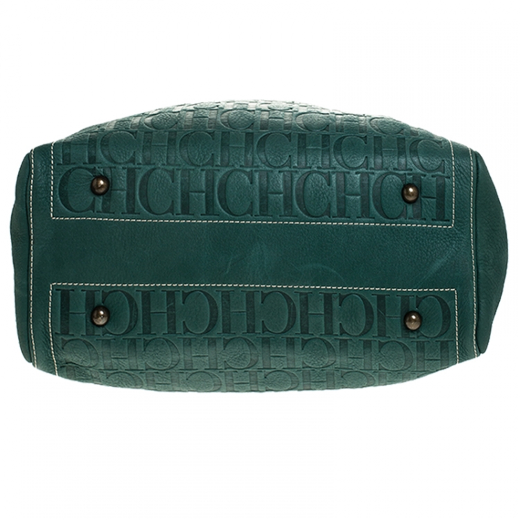 Pre Owned  Carolina Herrera Green Monogram Leather Shopper Tote