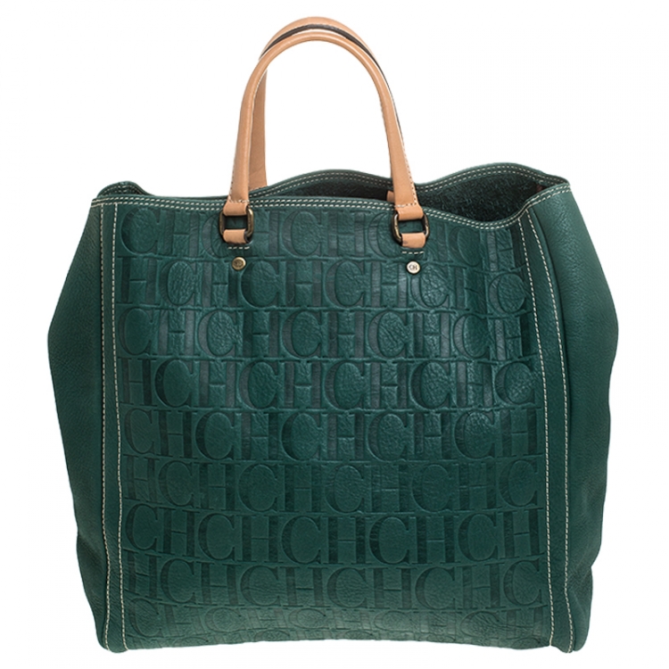 Pre Owned  Carolina Herrera Green Monogram Leather Shopper Tote