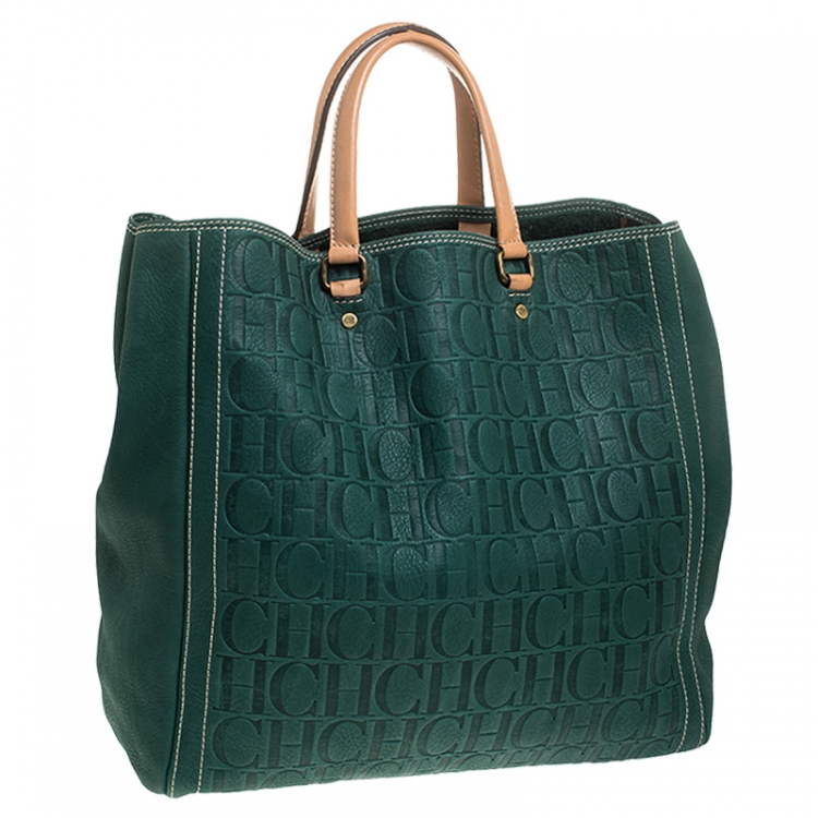 Pre Owned  Carolina Herrera Green Monogram Leather Shopper Tote