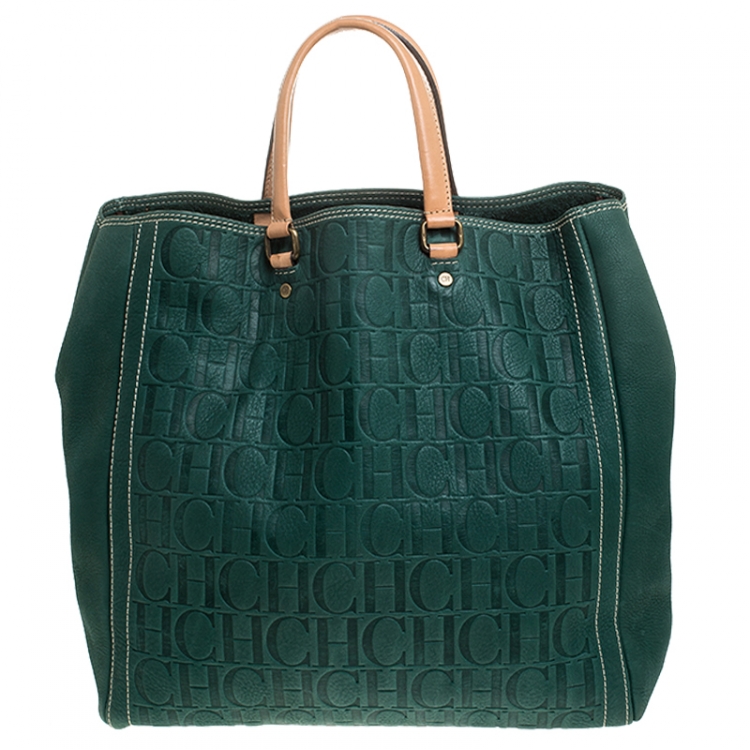 Pre Owned  Carolina Herrera Green Monogram Leather Shopper Tote