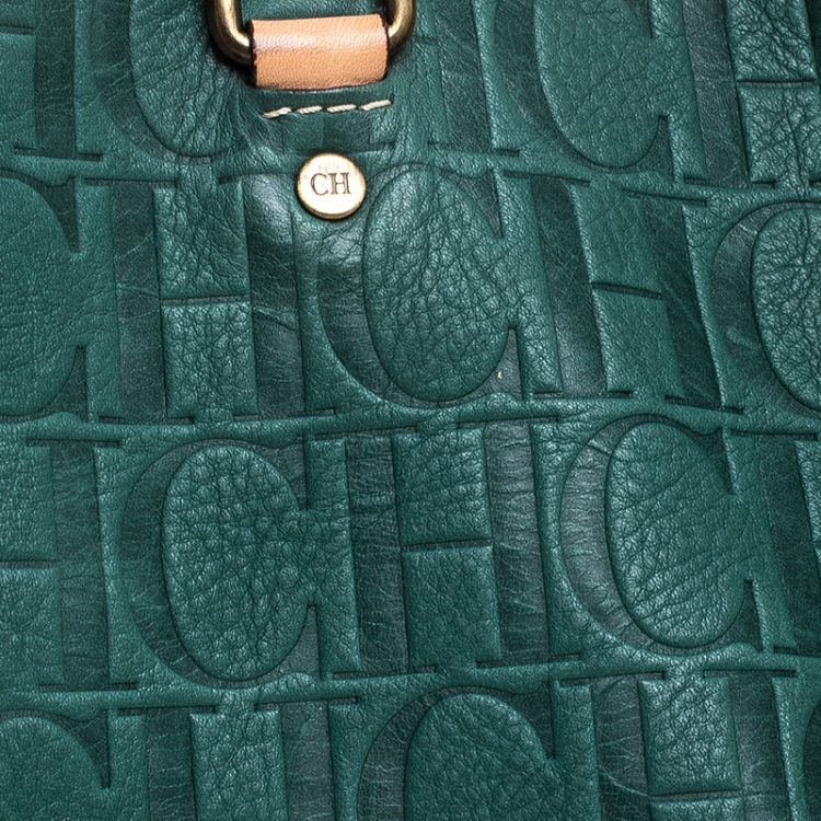 Pre Owned  Carolina Herrera Green Monogram Leather Shopper Tote
