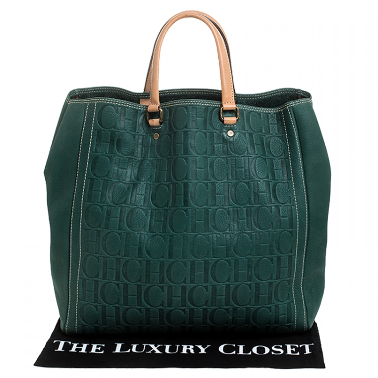 Pre Owned  Carolina Herrera Green Monogram Leather Shopper Tote