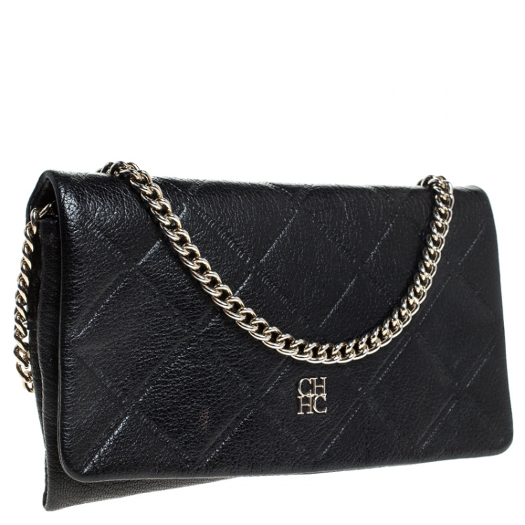 Pre Owned Carolina Herrera Black Quilted Leather Flap Crossbody Bag