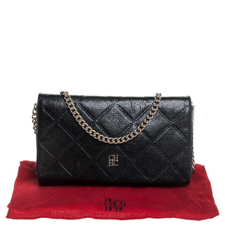 Pre Owned Carolina Herrera Black Quilted Leather Flap Crossbody Bag